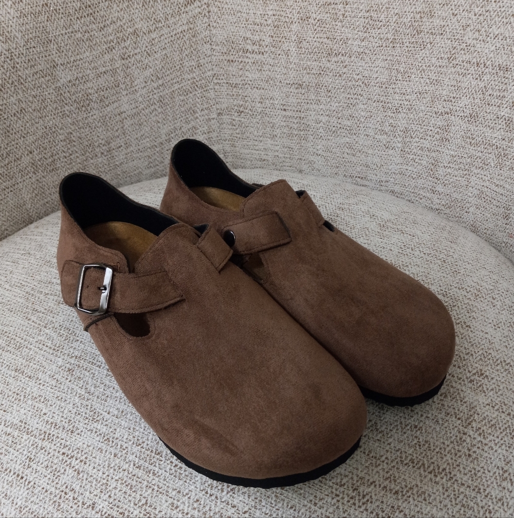 Brown Suede Buckle Mules